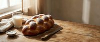 Freshly baked challah bread loaf on wooden cutting board with glass of milk in warm sunlit kitchen setting for homemade baking and traditional cooking.
