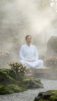 Peaceful woman in white meditation clothing practicing mindfulness in serene zen garden with morning mist and blooming flowers for wellness and spirituality.