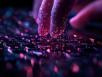 Glowing pink and blue particles rising from dark surface create magical atmosphere with bokeh effect and shallow depth of field for fantasy backgrounds.