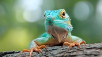 Vibrant turquoise basilisk lizard close-up on tree bark showing detailed scales, orange feet, and piercing yellow eye against soft bokeh green background.