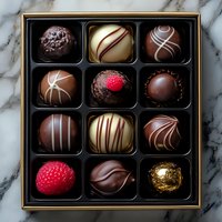 Luxury chocolate pralines and truffles in elegant box on marble background. Assorted handmade bonbons with dark, milk, and white chocolate, decorated with raspberry and gold leaf.