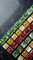 Colorful Turkish delight confections arranged in rows on dark marble surface with herbs and nuts for gourmet dessert and culinary photography.