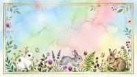 Watercolor garden scene with two rabbits surrounded by wildflowers, lavender, ferns and botanical elements. Soft pastel background with gold frame border. Suitable for nursery decor, greeting cards and children's designs.