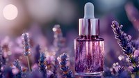 Luxurious purple serum dropper bottle with lavender flowers in magical evening light. Glowing bokeh and sparkles create dreamy cosmetic product scene for beauty and skincare.