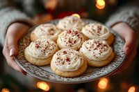 Homemade sugar cookies with cream cheese frosting and red sprinkles on vintage plate. Cozy holiday atmosphere with bokeh lights in background.