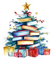 Stacked books forming Christmas tree shape with evergreen branches, gold star topper, and wrapped presents underneath. Watercolor style on white background.