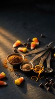 Autumn spices in vintage measuring spoons with candy corn and coffee beans on rustic wooden surface for seasonal baking and cooking recipes.