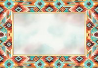 Southwestern geometric border frame with turquoise, coral, and gold tribal patterns surrounding blank white center space for text or design placement.