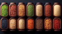 Variety of colorful legumes, grains and seeds in wooden containers arranged in rows on dark background, top view of organic dry food ingredients.