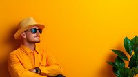 Confident young Caucasian man in orange shirt and hat with sunglasses against vibrant yellow background with tropical plant for summer lifestyle content.