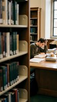 Young Caucasian male student studying at wooden desk in traditional library with bookshelves, taking notes and reading academic books for university research.