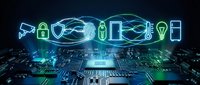 Neon cybersecurity icons including lock, shield, and circuit patterns glow above digital circuit board, representing data protection and network security technology.