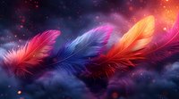 Magical floating feathers in vibrant pink, purple, and orange colors against mystical night sky with glowing particles and dreamy atmosphere. For fantasy designs.