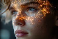 Young woman with glowing golden sparks and light effects on face representing digital transformation, artificial intelligence and futuristic technology concepts.
