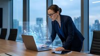 Professional businesswoman analyzing financial data holographs on laptop in modern office with city skyline view during evening hours.