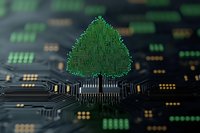 Green digital tree growing from circuit board with electronic pathways and components, symbolizing sustainable technology and environmental computing solutions.