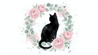 Black cat silhouette surrounded by pink roses and eucalyptus leaves in circular wreath design on white background, isolated for t-shirt prints and home decor.