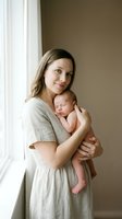 Young Caucasian mother in beige linen dress tenderly holding sleeping newborn baby by window in soft natural light for maternity and family lifestyle content.