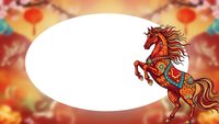 Ornate Chinese horse with decorative patterns and flowing mane on colorful background with white oval space for text or design elements.