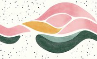 Abstract wavy pattern in pink, gold and green tones with organic flowing shapes and subtle texture, decorated with scattered dots on white background.