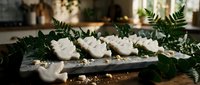 White ceramic spoons filled with creamy substance arranged on wooden board with fresh green fern leaves for culinary presentation and food styling.