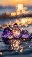 Amethyst crystals partially submerged in water with golden bokeh lights and misty background, creating a magical, ethereal atmosphere suitable for wellness and spiritual design projects.