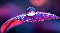 Close-up of a water droplet resting on a feather covered in dewdrops, illuminated by vibrant pink and purple neon lighting. Macro photography for design, backgrounds, and nature concepts.
