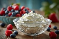 Fresh whipped cream in crystal bowl with blueberries and raspberries in background, perfect for dessert topping on rustic wooden table.