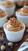 Creamy chocolate mousse swirled in white ramekins, garnished with chocolate chips and nuts on wooden surface, selective focus on foreground dessert.