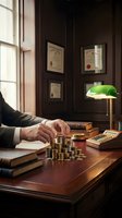 Professional businessman counting gold coins at wooden desk in traditional office with diplomas and green banker lamp for financial planning concepts.