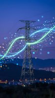 Electric power transmission tower with glowing energy waves and digital particles at dusk representing smart grid technology and sustainable electricity distribution.
