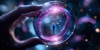Mystical glass sphere with silhouette inside cosmic portal surrounded by glowing purple particles and magical sparkles in dark space background.