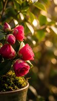 Pink camellia flowers blooming in terracotta pot with warm sunlight and green foliage background for spring gardening and botanical decoration.