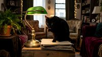 Black cat sitting on wooden desk next to brass banker's lamp in vintage home office with green shade, potted plant, burgundy velvet chairs, and warm ambient lighting for interior design projects.