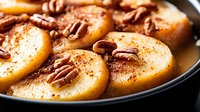 Caramelized pear halves with toasted pecans and warm spices in cast iron skillet, drizzled with honey syrup and cinnamon for autumn dessert.