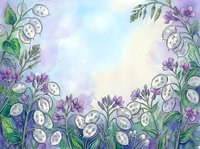Watercolor floral frame with purple and white flowers, green foliage, and botanical elements on soft pastel background. Isolated design for invitations, cards, and decorative projects.