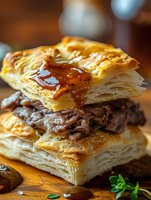 Flaky puff pastry sandwich with tender shredded beef filling and savory sauce drizzle on wooden surface, perfect for gourmet appetizers.