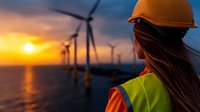 Female engineer in safety vest and hardhat observing offshore wind turbines during dramatic sunset, renewable energy concept for sustainable future. Wind power generation.