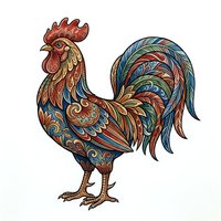 Ornately decorated rooster with intricate patterns in warm and cool tones, isolated on white background, suitable for clipart, t-shirt designs and print applications.