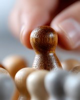 Wooden chess pawn piece held between fingers in macro shot with soft focus background showing other chess pieces, highlighting natural wood grain texture and craftsmanship.