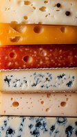 Assorted cheese varieties stacked showing different textures and flavors including cheddar, blue cheese, and aged varieties for culinary and gourmet food concepts.