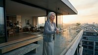 Senior woman in elegant robe enjoying morning coffee on luxury penthouse balcony with city skyline view at sunrise.