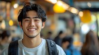 Young Asian man with bright genuine smile wearing casual grey sweater and backpack against blurred urban background with bokeh lights. Lifestyle portrait.