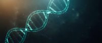 Digital DNA double helix structure glowing in turquoise light against dark background for biotechnology and genetic research presentations.
