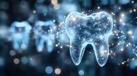 Glowing digital tooth with network connections on dark blue background represents modern dental technology and healthcare innovation in dentistry.