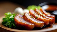 Succulent sliced duck breast with crispy skin, served on wooden plate with fresh lettuce garnish. Close-up view shows juicy meat texture and glazed surface.