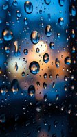 Water droplets on glass surface with blue and orange bokeh lights creating abstract wet texture background for modern design projects.