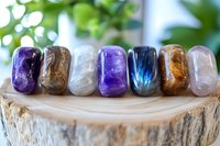 Colorful healing crystals and gemstones lined up on wooden slice, including amethyst, smoky quartz, clear quartz, and labradorite, for spiritual wellness and meditation.