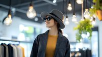 Young Asian woman in sunglasses and gray hat smiling while shopping in modern boutique with hanging light bulbs, wearing mustard sweater and blazer. Lifestyle fashion retail.