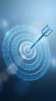 Digital holographic target with arrow hitting bullseye center representing precision goal achievement and strategic business success in futuristic blue design.
